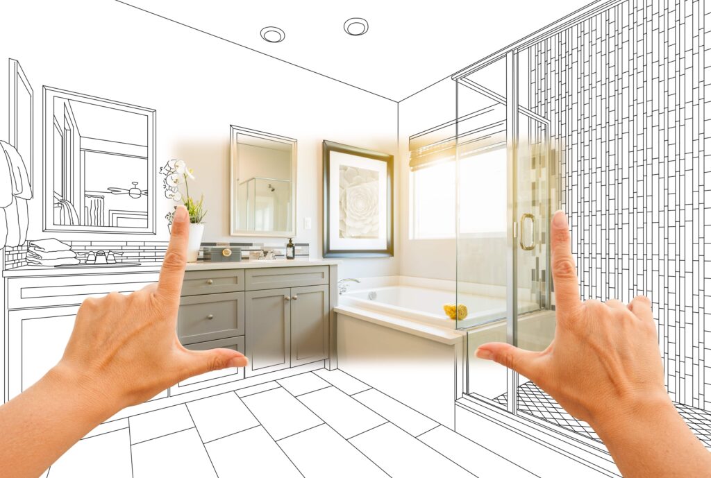 Drawing of bathroom, hands framing scene, real bathroom between fingers
